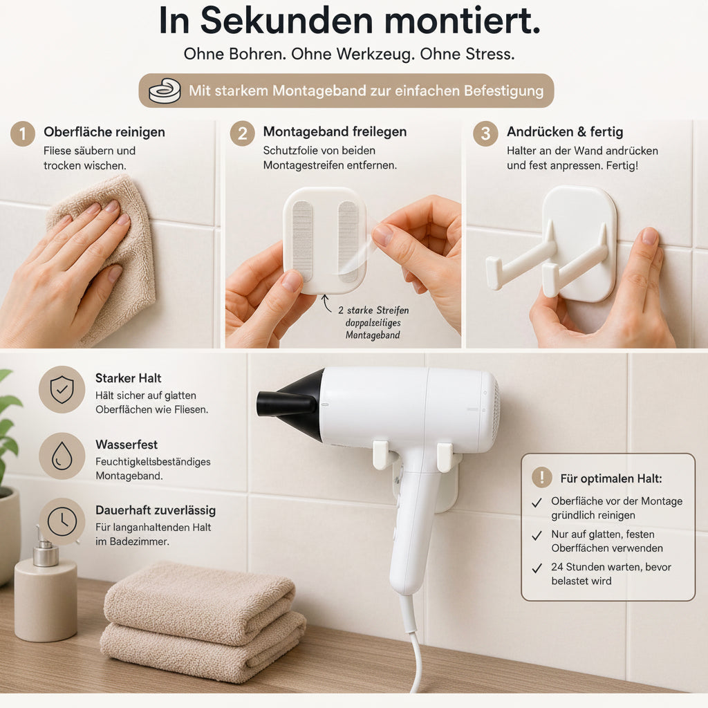 Haartrockner Halter Wand – Föhnhalter Ohne Bohren, Wasserfest & Minimalistisch