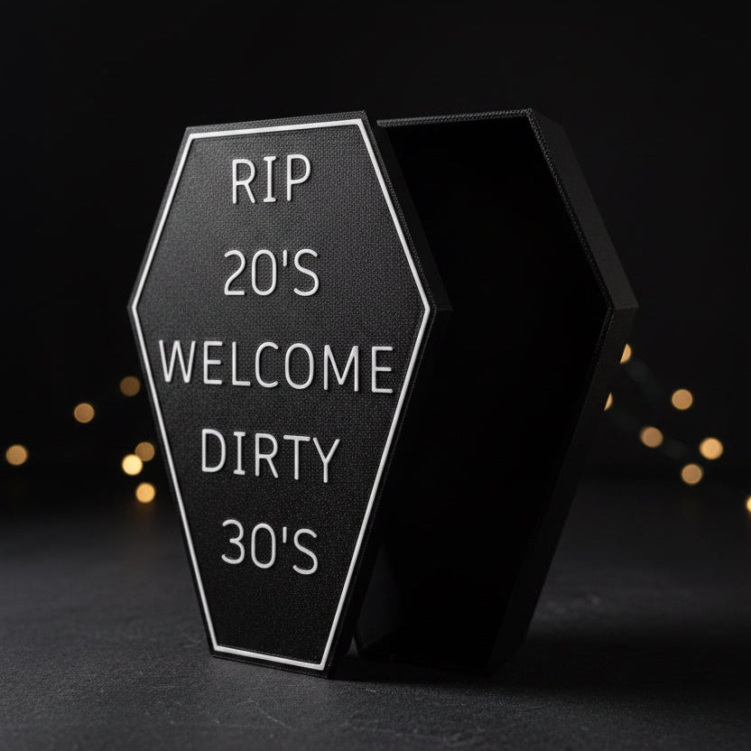 RIP 20’s – Welcome Dirty 30’s Geschenkbox – lustige Geburtstagsbox, witziges Geschenk zum 30. Geburtstag |