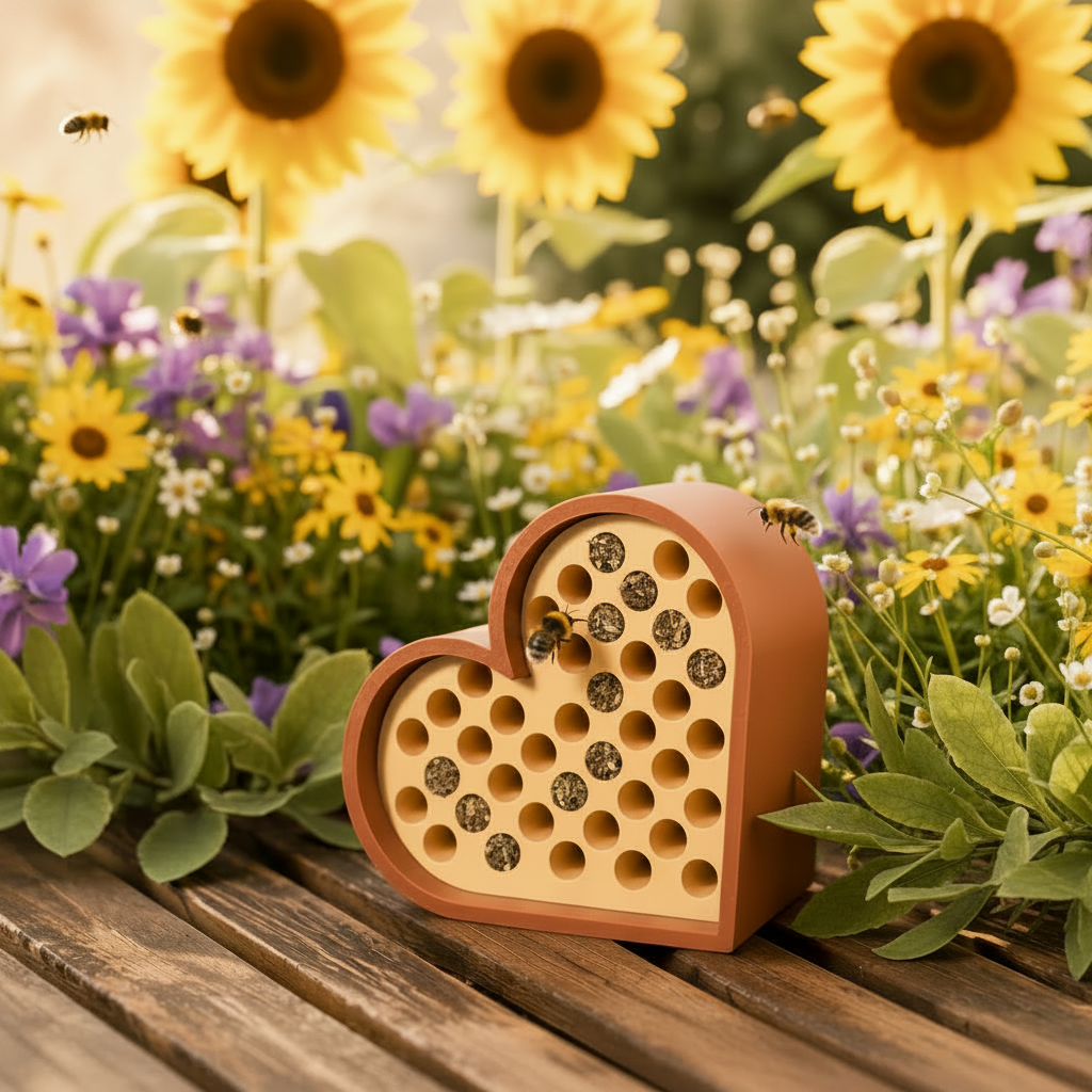 Bienenhotel Herzform – Wetterfeste Wildbienen-Nisthilfe für Balkon & Garten