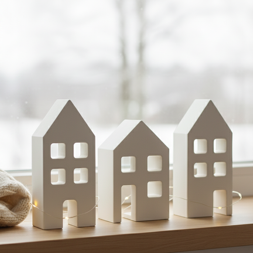 Dekohäuser 3er Set im Skandi-Stil – Minimalistische Wohndeko für Regal & Fensterbank
